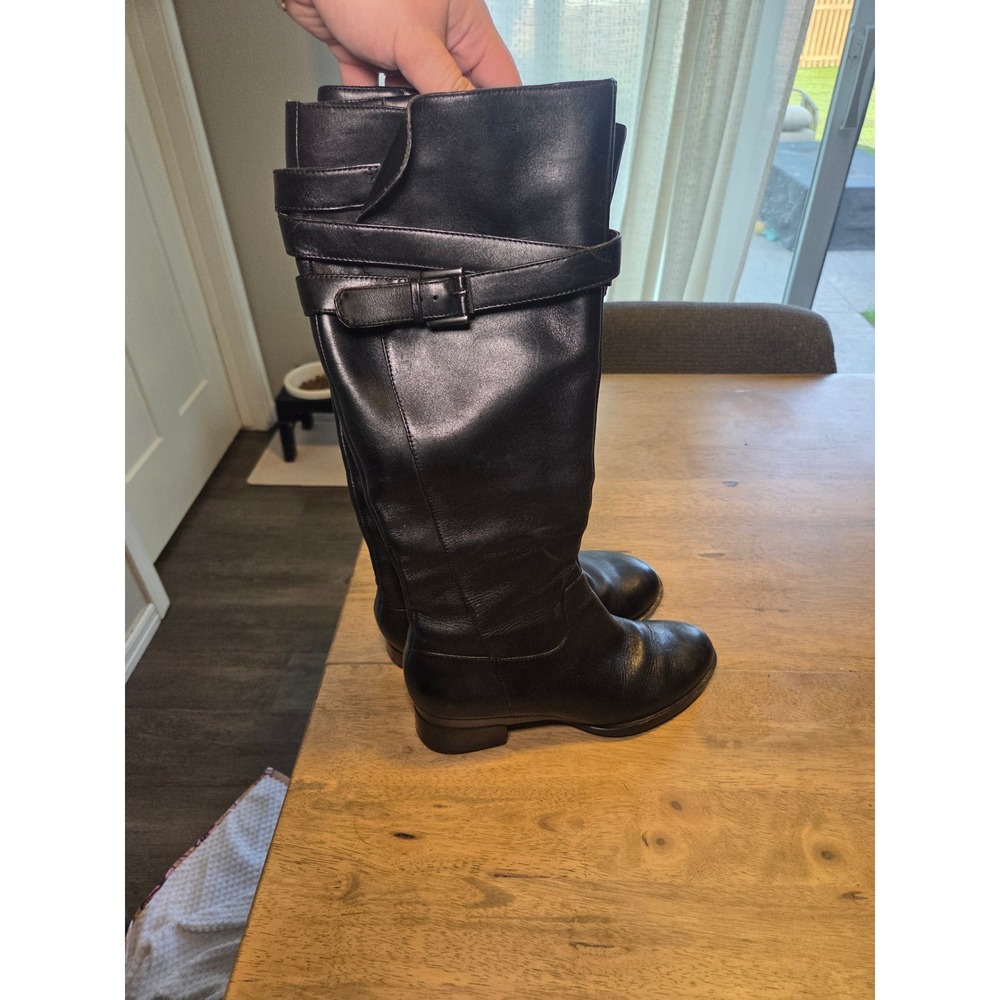 ECCO Black Leather Tall Riding Boots Buckle Strap Side Zip Size 36